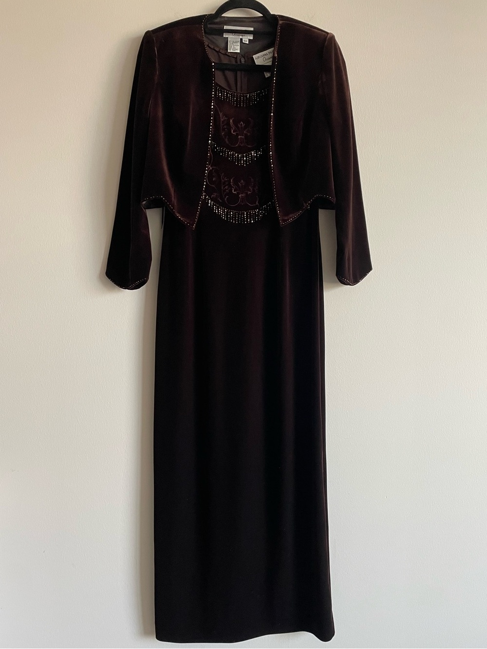 Vintage Adrianna Papell velvet dress jacket chocolate brown beading whimsigoth 6
